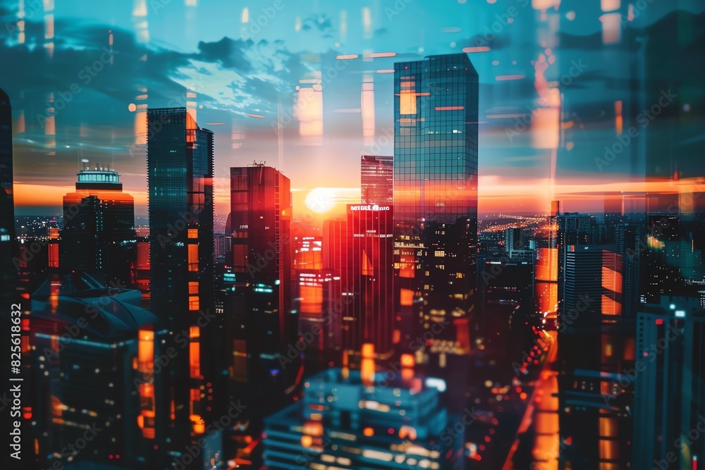 Fototapeta premium Modern cityscape at sunset reflecting in glass. Vibrant urban skyline with colorful lights and skyscrapers under a dramatic sky.