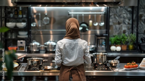 Muslim woman wearing a headscarf hijab white shirt, View from behind angle, cooking in a modern minimalist kitchen. photo