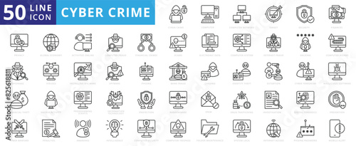 Cybercrime icon set with computer, network, target, security, finances, privacy, espionage, theft and warfare. photo