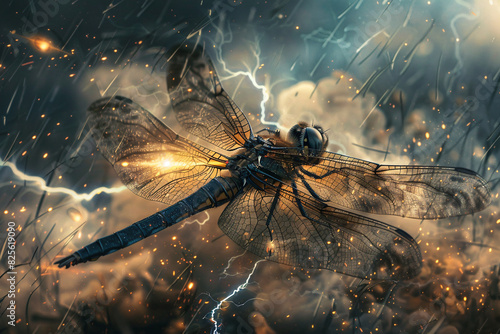 A dragonfly is flying through a stormy sky with lightning bolts photo