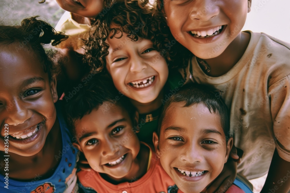 Group of children smiling and looking at camera on a sunny day. Group of children smiling and looking at camera on a sunny day.