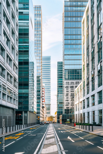 A city street with tall buildings and a clear blue sky