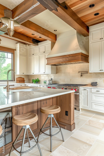 A kitchen with a white counter and wooden stools