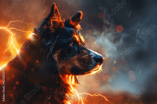 Dog animal with dramatic and lightning background