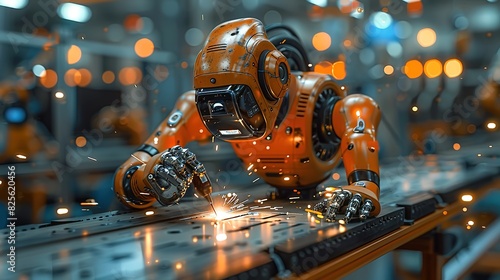 Futuristic robot welding metal details with professional equipment in modern dark workshop - Generative Ai © CreStock