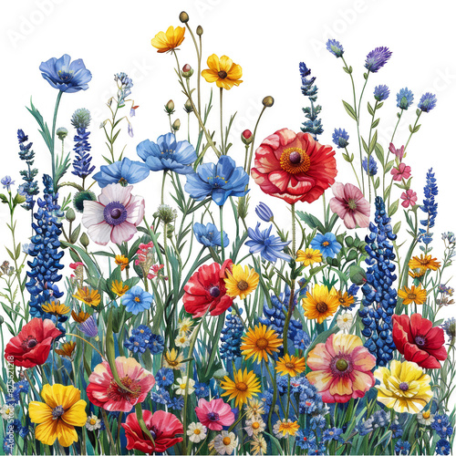 a painting of a field of flowers with a bee, transparent background png