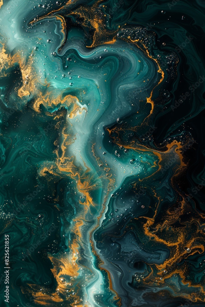 Obraz premium The abstract backgrounds blend dark and light green with gold hues, highlighted by white ink-like fluid patterns reminiscent of marble stone, evoking sophistication and luxury.