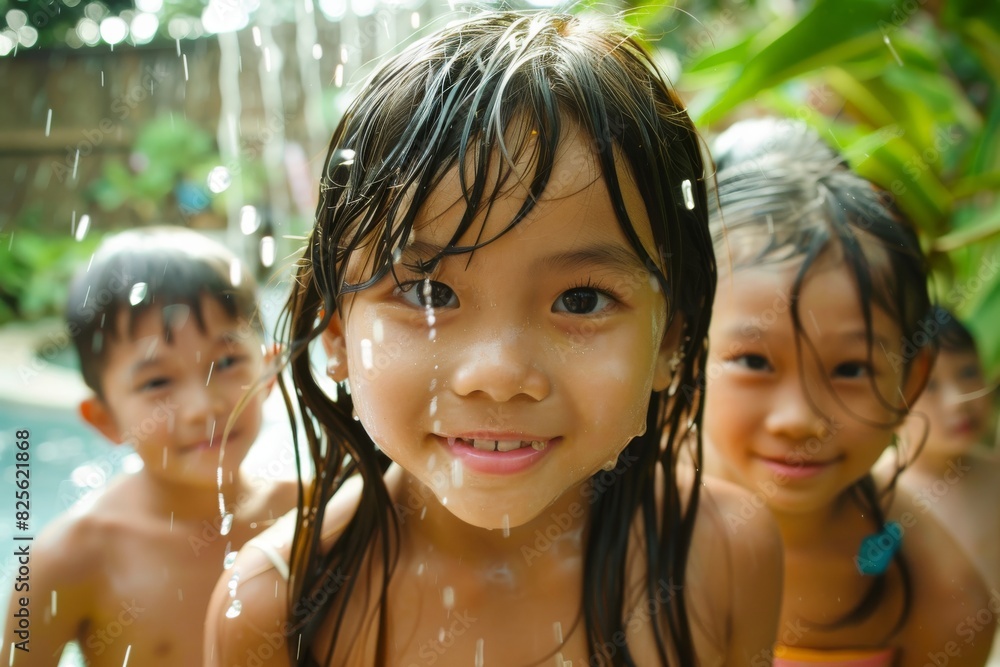 Happy asian kids playing in the swimming pool under the rain. Happy asian kids playing in the swimming pool under the rain.