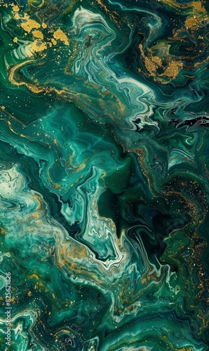 The abstract backgrounds blend dark and light green with gold hues  highlighted by white ink-like fluid patterns reminiscent of marble stone  evoking sophistication and luxury.