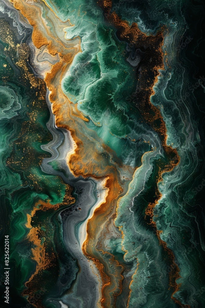 The abstract backgrounds blend dark and light green with gold hues, highlighted by white ink-like fluid patterns reminiscent of marble stone, evoking sophistication and luxury. The abstract backgrounds blend dark and light green with gold hues, highlighted by white ink-like fluid patterns reminiscent of marble stone, evoking sophistication and luxury.