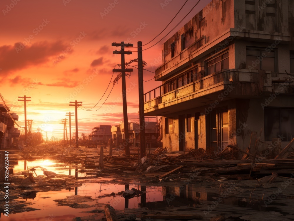 Sunset's Embrace Dramatic Scene Over an Old Building Amidst Tropical Dustpiles
Sunset's Embrace Dramatic Scene Over an Old Building Amidst Tropical Dustpiles