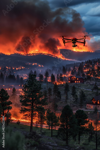 Drone monitoring rampant wildfire at dusk