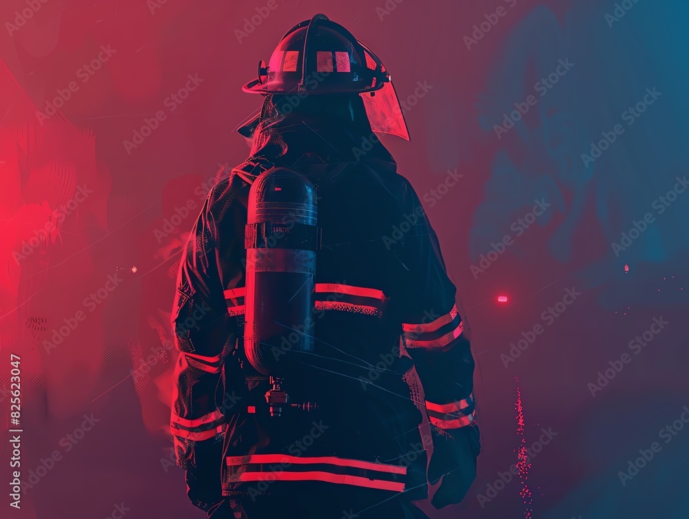 Rear view of a minimalist firefighter, glowing surreal ambient lighting, smooth lines and clean shapes, digital art, deep shadows, luminous highlights, modern design aesthetic Rear view of a minimalist firefighter, glowing surreal ambient lighting, smooth lines and clean shapes, digital art, deep shadows, luminous highlights, modern design aesthetic