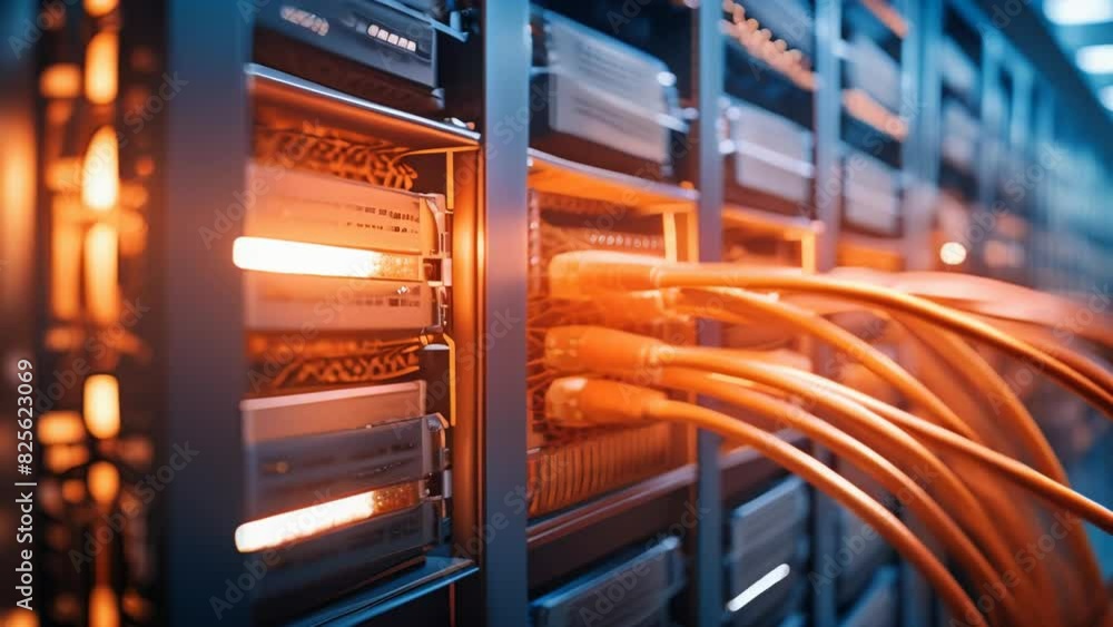 High-speed data cables connected to a server in a dimly lit server room ...