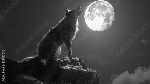 Photorealistic digital illustration of a lone wolf perched on a rock