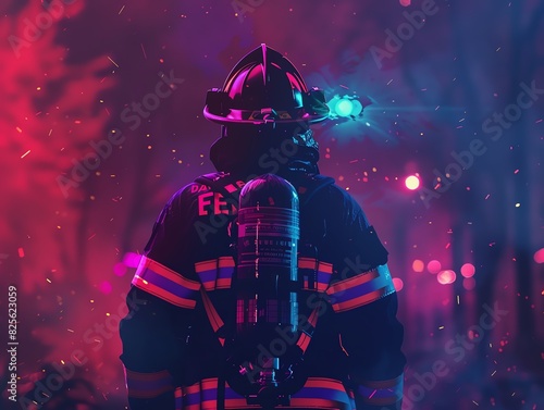 Rear view of a minimalist firefighter, glowing surreal ambient lighting, smooth lines and clean shapes, digital art, deep shadows, luminous highlights, modern design aesthetic