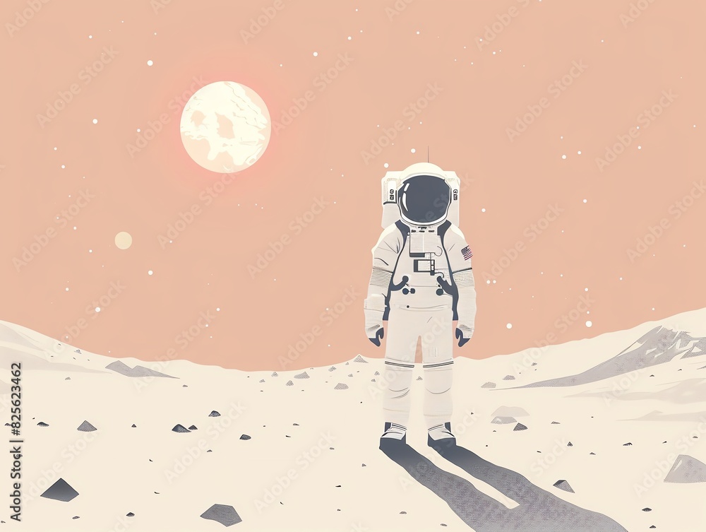 Frontal view of a minimalist space exploration scene with a single astronaut Frontal view of a minimalist space exploration scene with a single astronaut