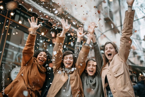 Group of happy young people throwing confetti in the air while standing outdoors