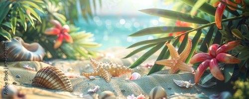 Tropical beach scene with palm leaves  starfish  and seashells on sand under bright sunlight. Perfect for summer  vacation  and relaxation themes.