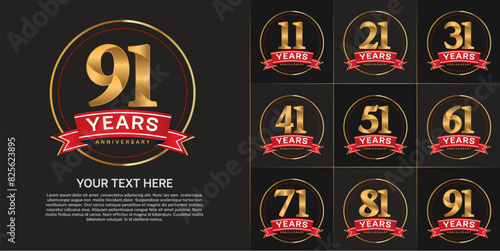 anniversary logotype set vector, gold color with circle and red ribbon for special day celebration