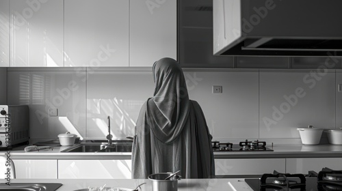 View from behind of a Muslim woman wearing a long headscarf hijab cooking in a modern minimalist kitchen.