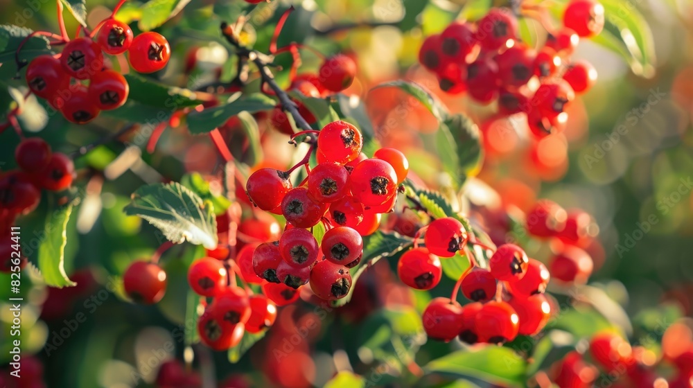 Fototapeta premium Vivid red berries on the tree in the garden up close empty space for text