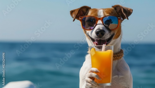 Cute dog wearing sunglasses, holding an orange juice on a sunny beach. Perfect for summer, vacation, and pet-themed projects. Bright and cheerful vibes.