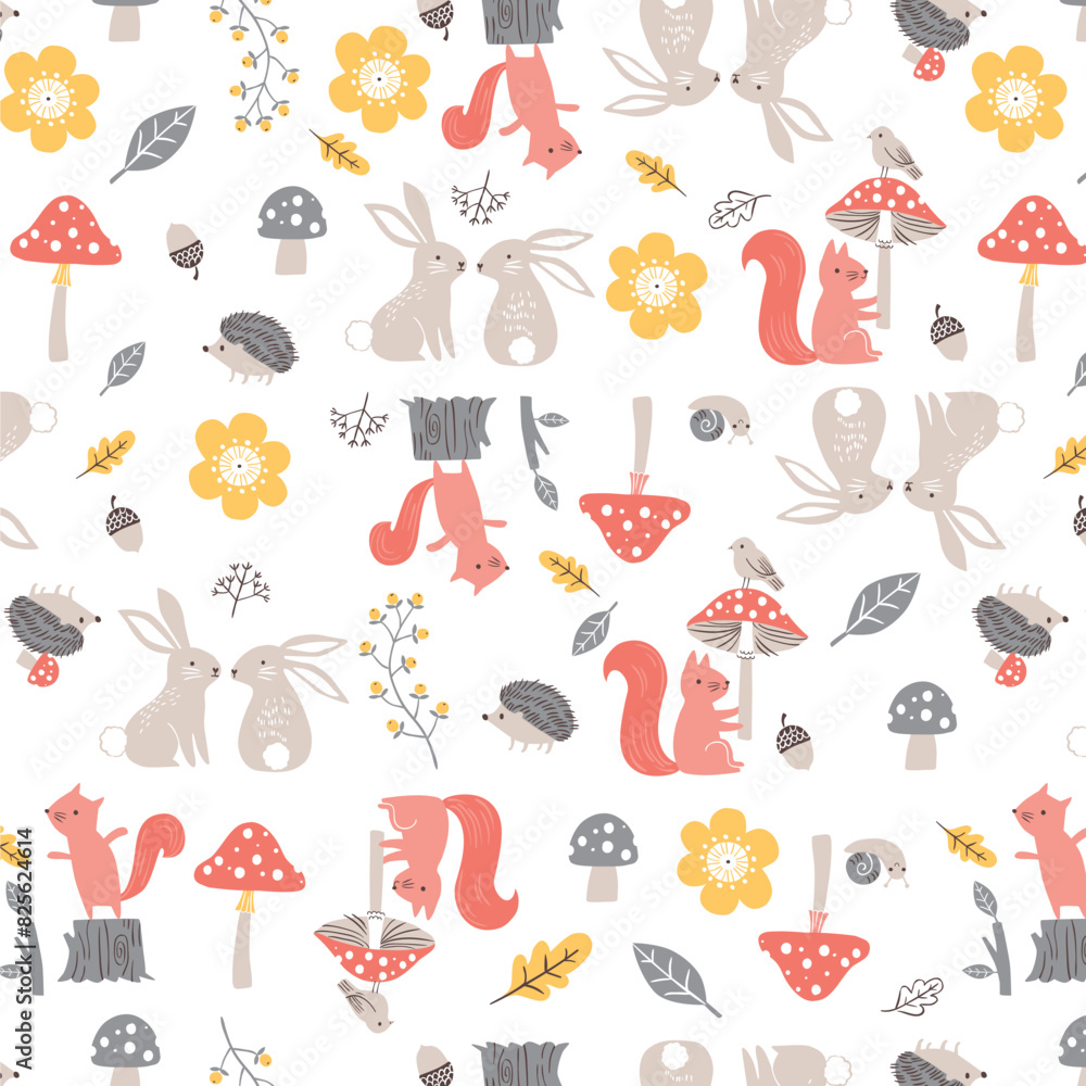 Naklejka premium Squirrels rabbits,hedgehogs,snails,mushrooms and flowers children's clothing pattern