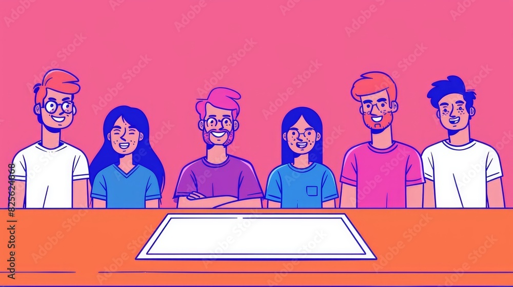 Animated team of six people sitting behind a desk, smiling and facing forward, on a vibrant pink background. Animated team of six people sitting behind a desk, smiling and facing forward, on a vibrant pink background.