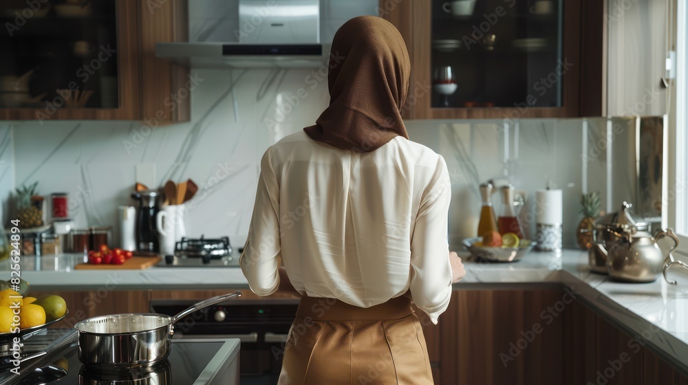 Muslim woman wearing a headscarf hijab white shirt, View from behind angle, cooking in a modern minimalist kitchen. Muslim woman wearing a headscarf hijab white shirt, View from behind angle, cooking in a modern minimalist kitchen.