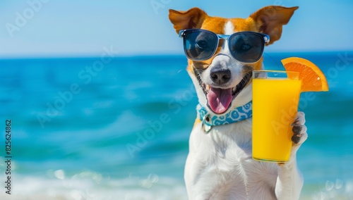 Cute dog wearing sunglasses, holding an orange juice on a sunny beach. Perfect for summer, vacation, and pet-themed projects. Bright and cheerful vibes. © Sina