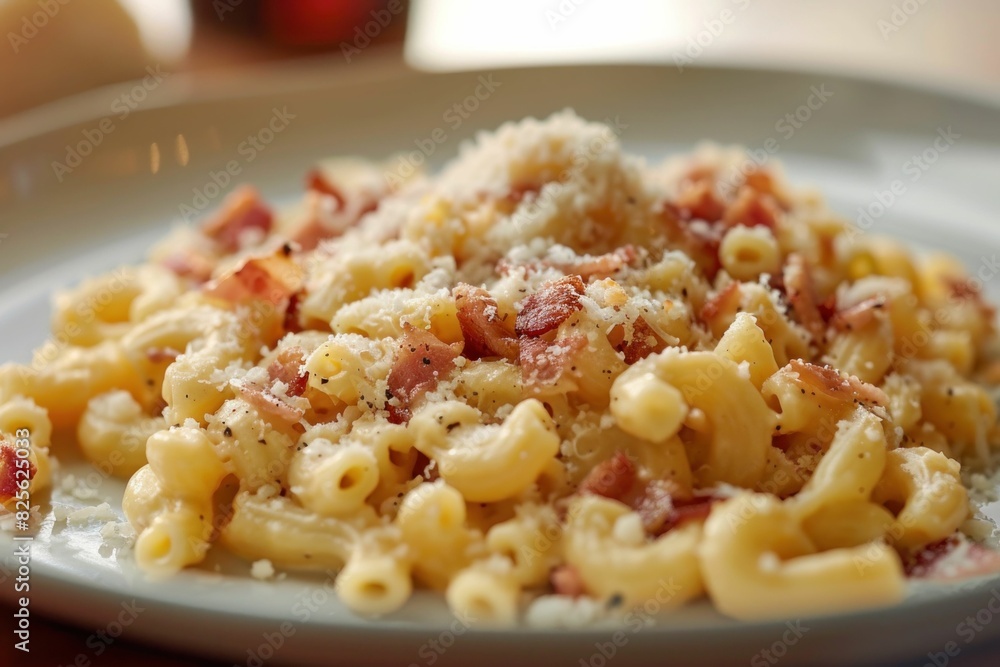 Creamy Macaroni and Cheese with Crispy Bacon and Shaved Parmesan on a White Plate for a Comforting Homemade Meal Creamy Macaroni and Cheese with Crispy Bacon and Shaved Parmesan on a White Plate for a Comforting Homemade Meal