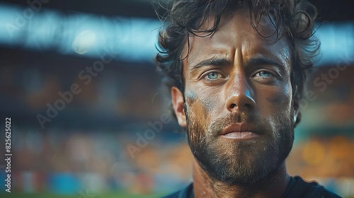 Portrait of serious man rugby player inside a stadium while looking away in blured background - Generative Ai photo