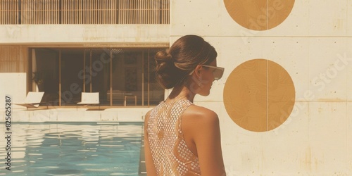 Woman in bikini by hotel pool . Summer vacation and travel concept. Retro vintage pop design for poster, print. Vintage collage.