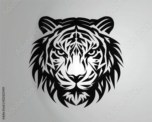 Black tiger head silhouette with graphic pattern. Wild animals themed tattoo design. Print for clothes. stylized shape silhouette tiger face logo. photo