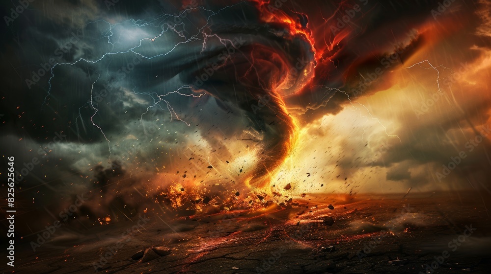 Fiery tornado in a lightning storm, Dramatic depiction of a tornado engulfed in flames amid a severe lightning storm