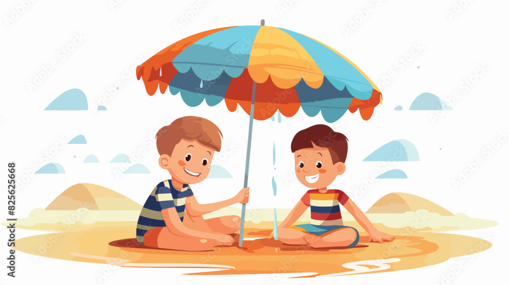Two boys playing on the beach   one filling bucket