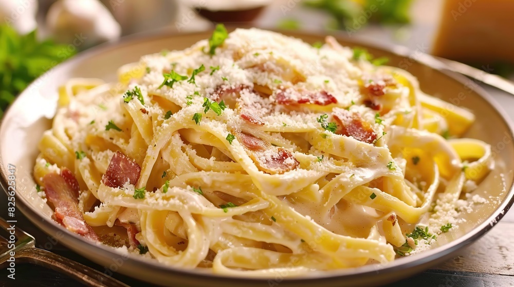 Classic pasta carbonara with bacon and parmesan. Generative Ai Classic pasta carbonara with bacon and parmesan. Generative Ai