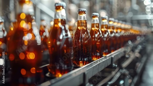 The scene of the glass bottle production line is filled with brown liquid