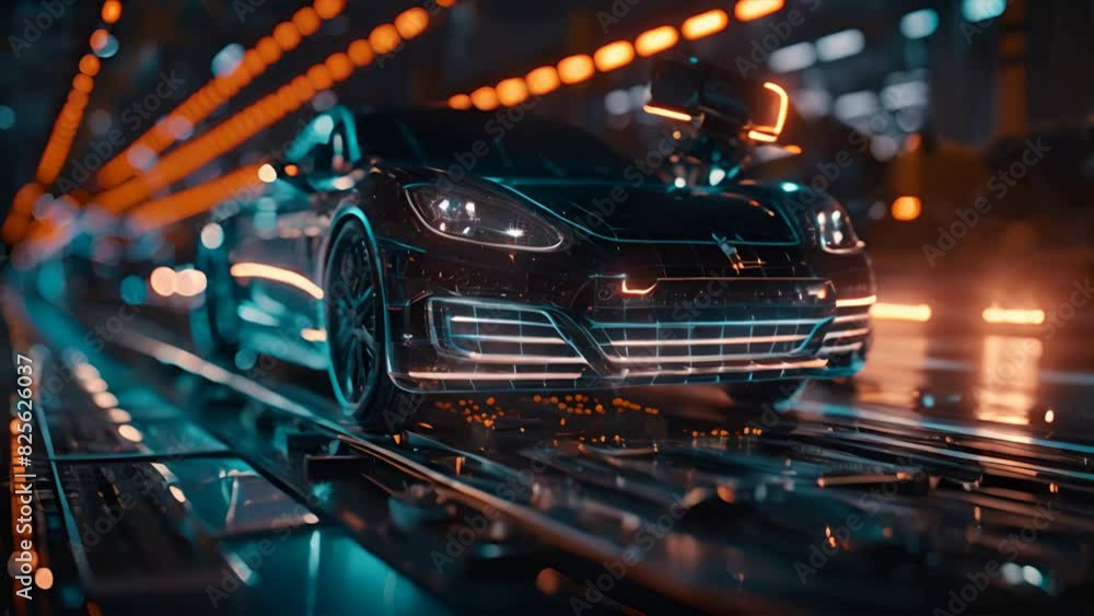 Creative Background, Automated Car Factory Concept, Robotic Arm Building Cars, Blue Glowing Bright Line,generative ai Creative Background, Automated Car Factory Concept, Robotic Arm Building Cars, Blue Glowing Bright Line,generative ai