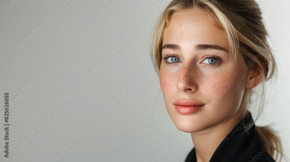 Beautiful blonde woman with freckles in a contemplative pose, embodying natural beauty and charm Beautiful blonde woman with freckles in a contemplative pose, embodying natural beauty and charm