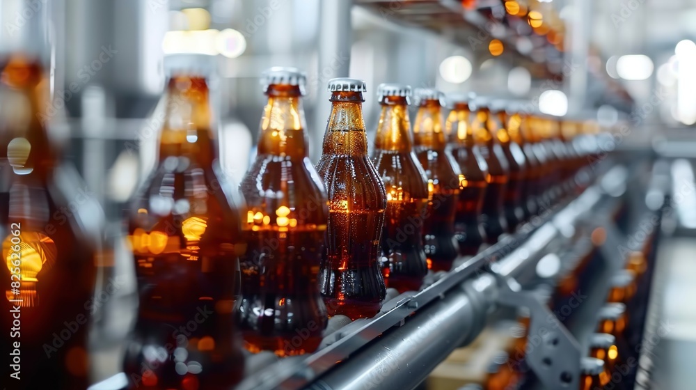 The scene of the glass bottle production line is filled with brown liquid The scene of the glass bottle production line is filled with brown liquid