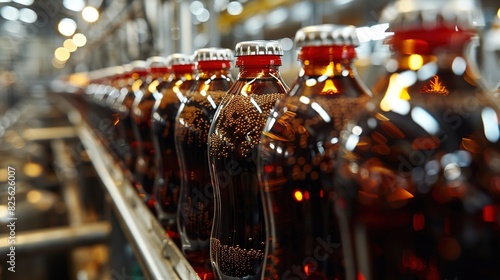 The scene of the glass bottle production line is filled with brown liquid