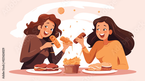 Two friend girls eating junk and sweet food flat 