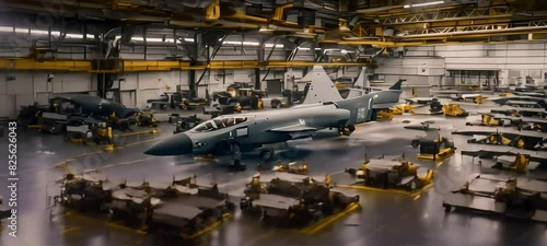 A fighter jet is parked in a hangar, ready for maintenance. The hangar is part of a larger manufacturing plant, which also includes a workshop photo