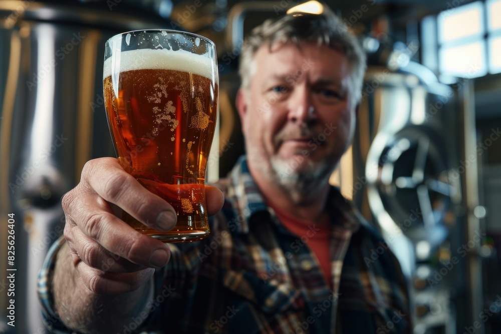 Attractive man enjoying a cold beer at a traditional beer brewing factory Traveling through the world of beer craftsmanship and delicious brews Attractive man enjoying a cold beer at a traditional beer brewing factory Traveling through the world of beer craftsmanship and delicious brews