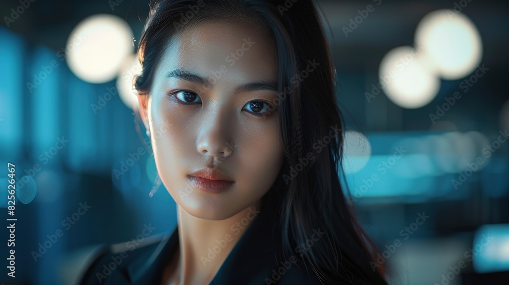 Fototapeta premium Experience The Confidence Of A Young Asian Businesswoman In The Office, Her Poised Demeanor Reflecting Her Readiness For Challenges, High Quality
