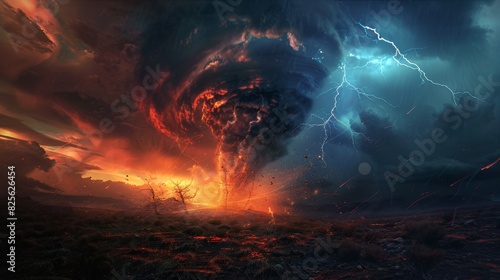 Cataclysmic storm and tornado landscape, Apocalyptic scenery with a fiery tornado against a stormy sky with lightning
