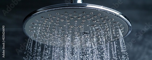 Closeup of a sleek low-flow showerhead emitting a fine mist, chrome finish, with water droplets glistening, Hyper-Realistic, Modern