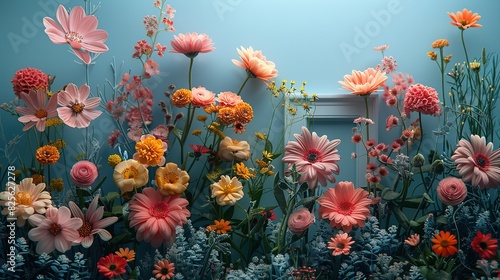 blooming flowers of various colors placed on and around empty pink photo frame against light blue background - Generative Ai © CreStock